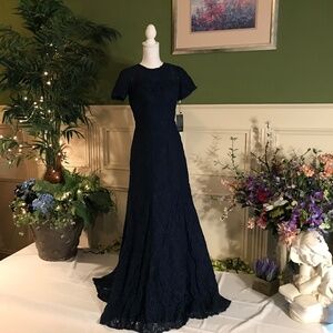 Long formal Navy blue lace dress with cap sleeves